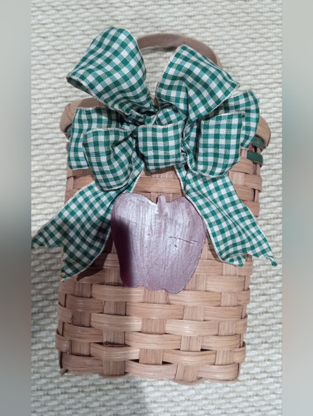 Woven Decorative Basket with Green Gingham Bow and Painted Apple